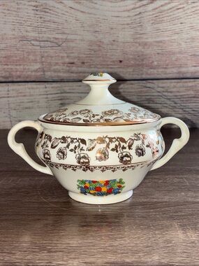 Vintage Pope Gosser White Porcelain Two-Handled Covered Sugar Bowl Floral